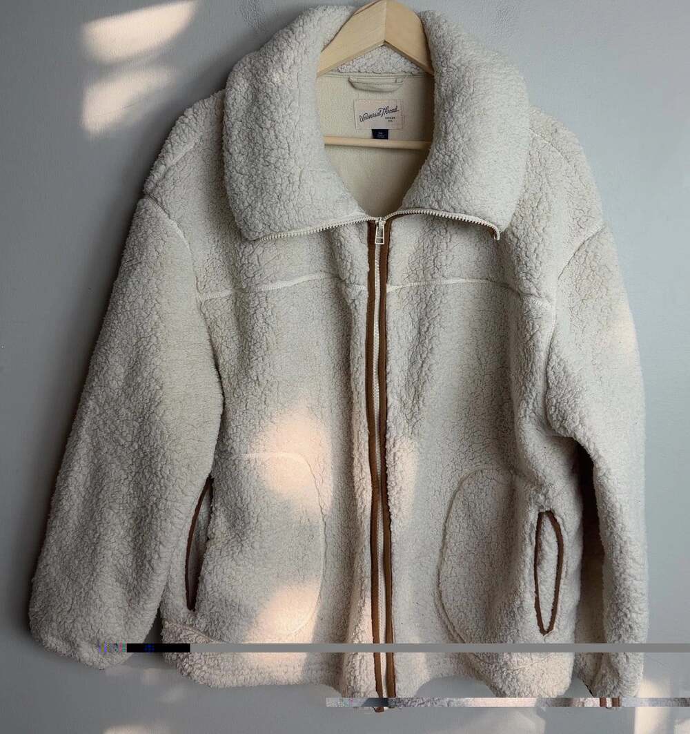 Universal Thread Sherpa Fleece Jacket Cream Brown Trim Zip Size XXL Women’s